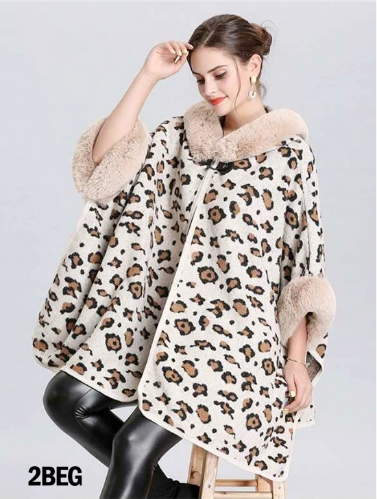 Soft Leopard Print Cape W/ Fur Detailing